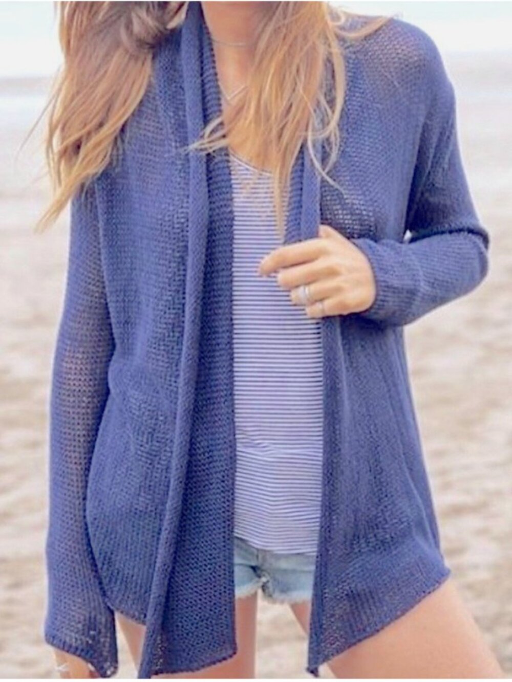 Anthropologie Wooden Ships Open Knit Draped Collar Sweater Cardigan Blue X/S